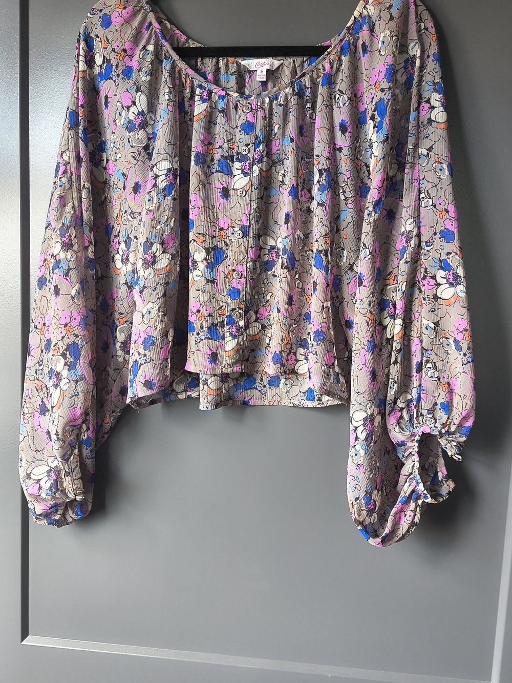 Candie's Taupe Floral Peasant Blouse with Pink & Blue Accents